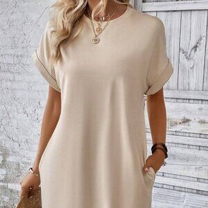 Apicot Orange Boho Womens  Solid Batwing Sleeve Hidden Pocket Tee Dress